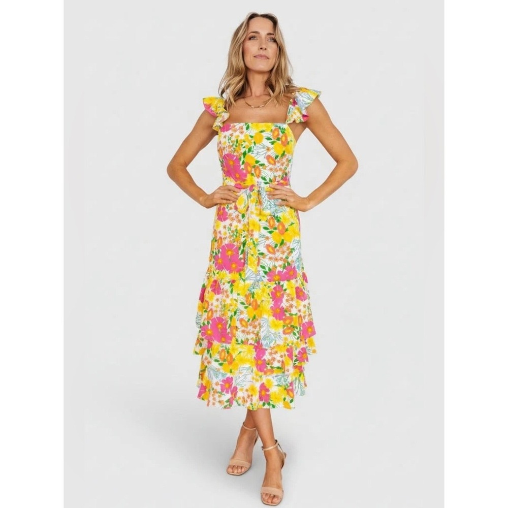 Baltic Born Dani Ruffle Tiered Midi Dress | Multi Floral Size M